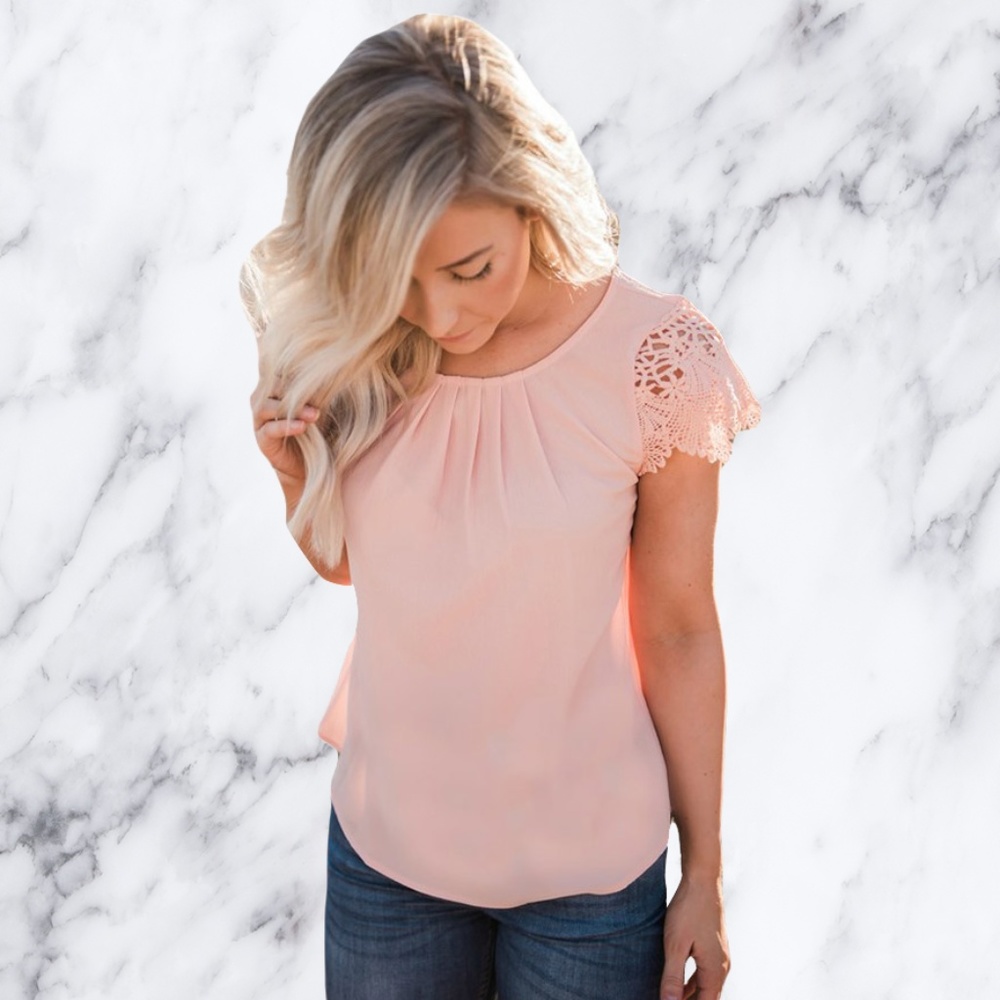 Rosy Lace Sleeve Pleated Blouse